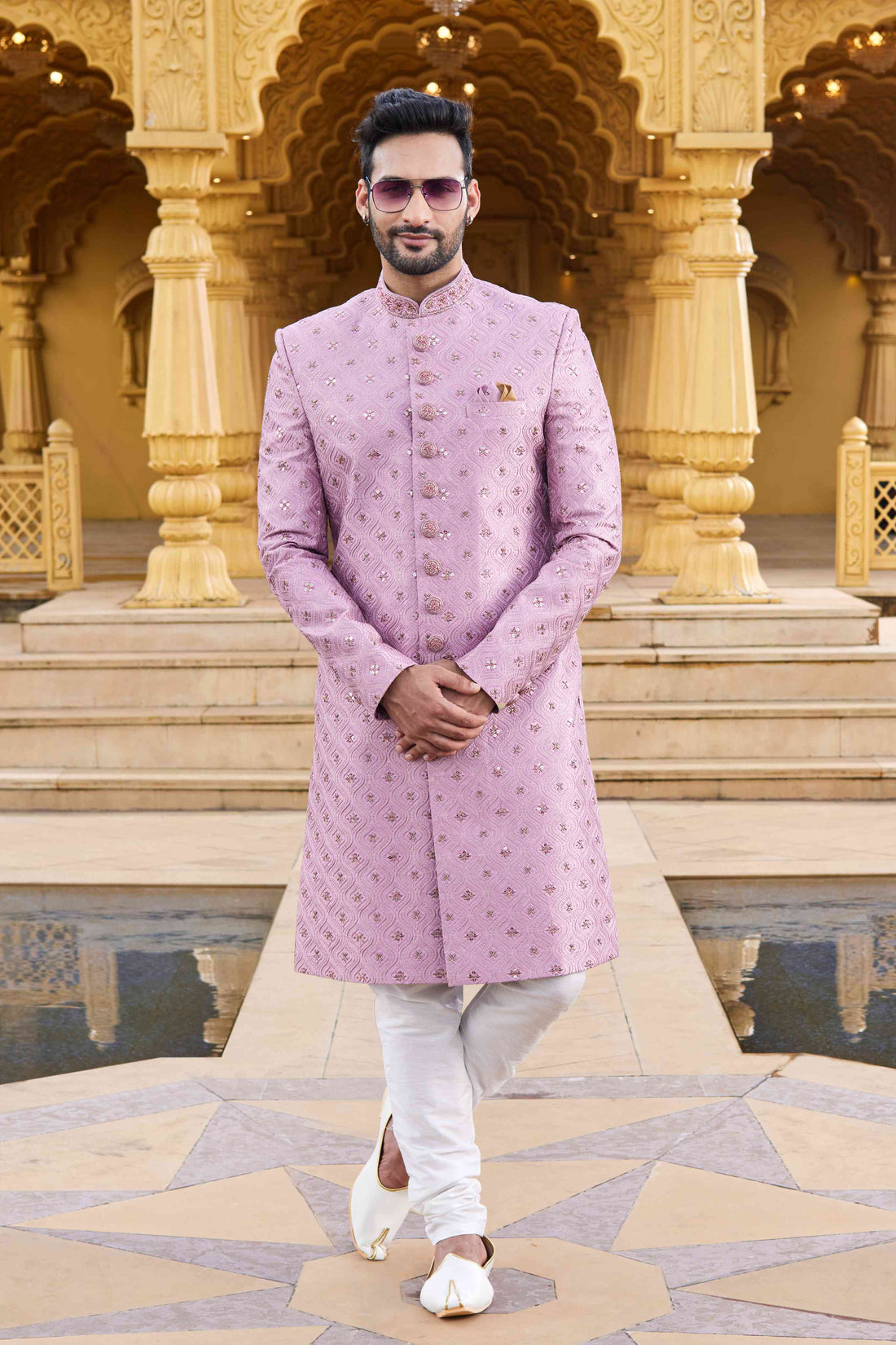 Mauve Pink Embroidered Sherwani for Men in Art Silk