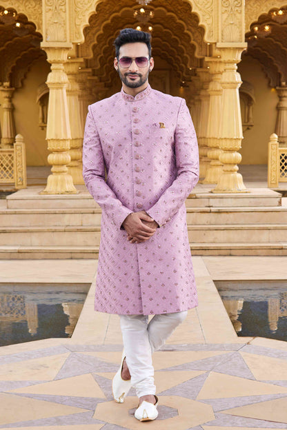 Mauve Pink Embroidered Sherwani for Men in Art Silk