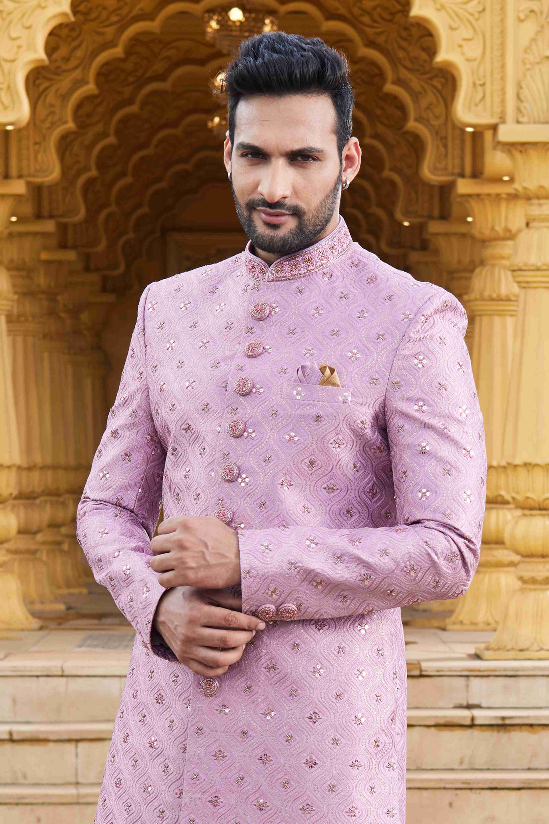 Mauve Pink Embroidered Sherwani for Men in Art Silk