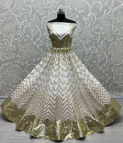 White Pure Soft Heavy Net Sequins Embroidery Work Bridal Lehenga 