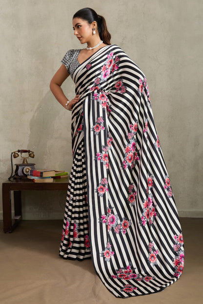Black Pure Soft Modal Satin Ajrakh Print Satin Saree Japan Satin Saree Anant Tex Exports Pvt.Ltd..