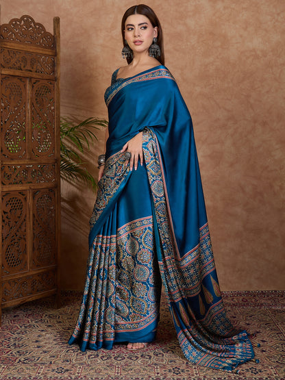 Blue Pure Semi Modal Silk Floral Printed Saree 