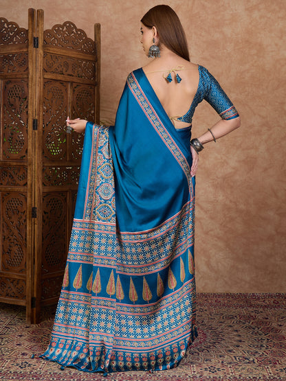 Blue Pure Semi Modal Silk Floral Printed Saree 