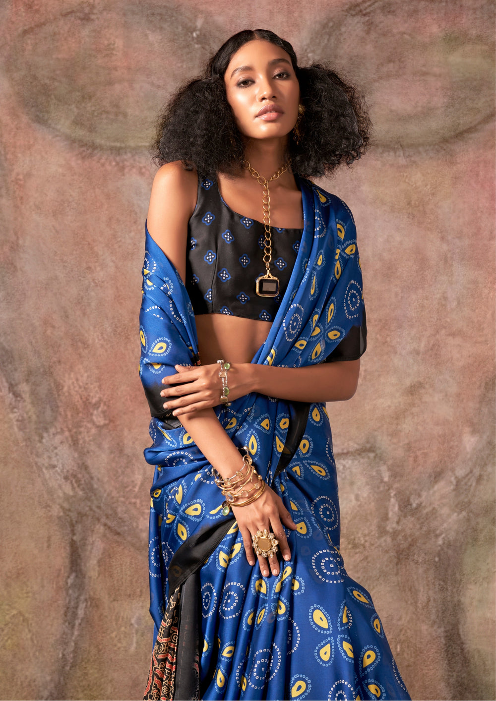 Blue Ajrakh Printed Satin Georgette Silk Saree 