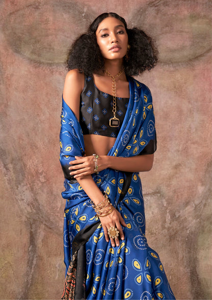 Blue Ajrakh Printed Satin Georgette Silk Saree 