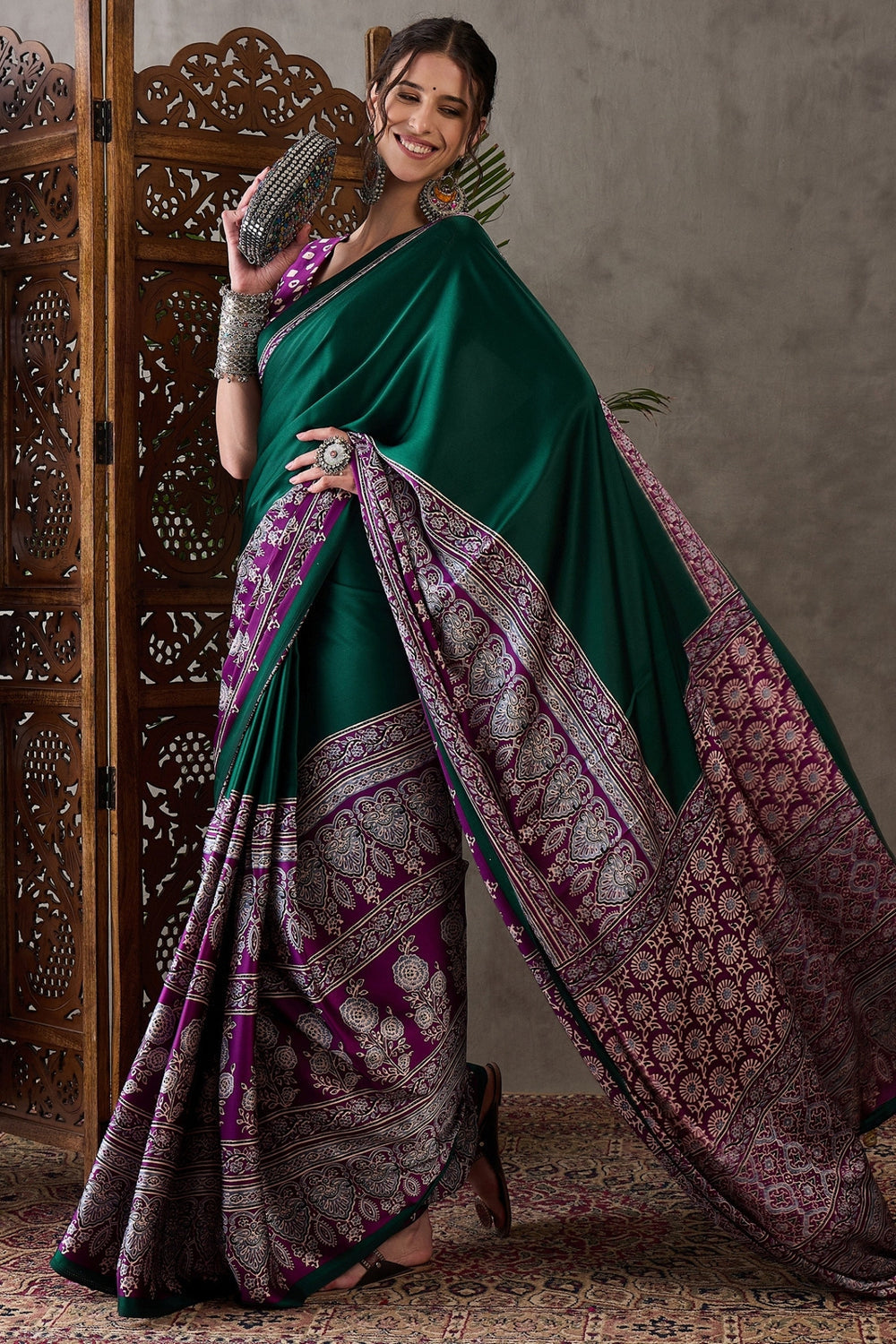 Bottle Green Pure Soft Modal Satin Ajrakh Print Satin Saree Japan Satin Saree Anant Tex Exports Pvt.Ltd..