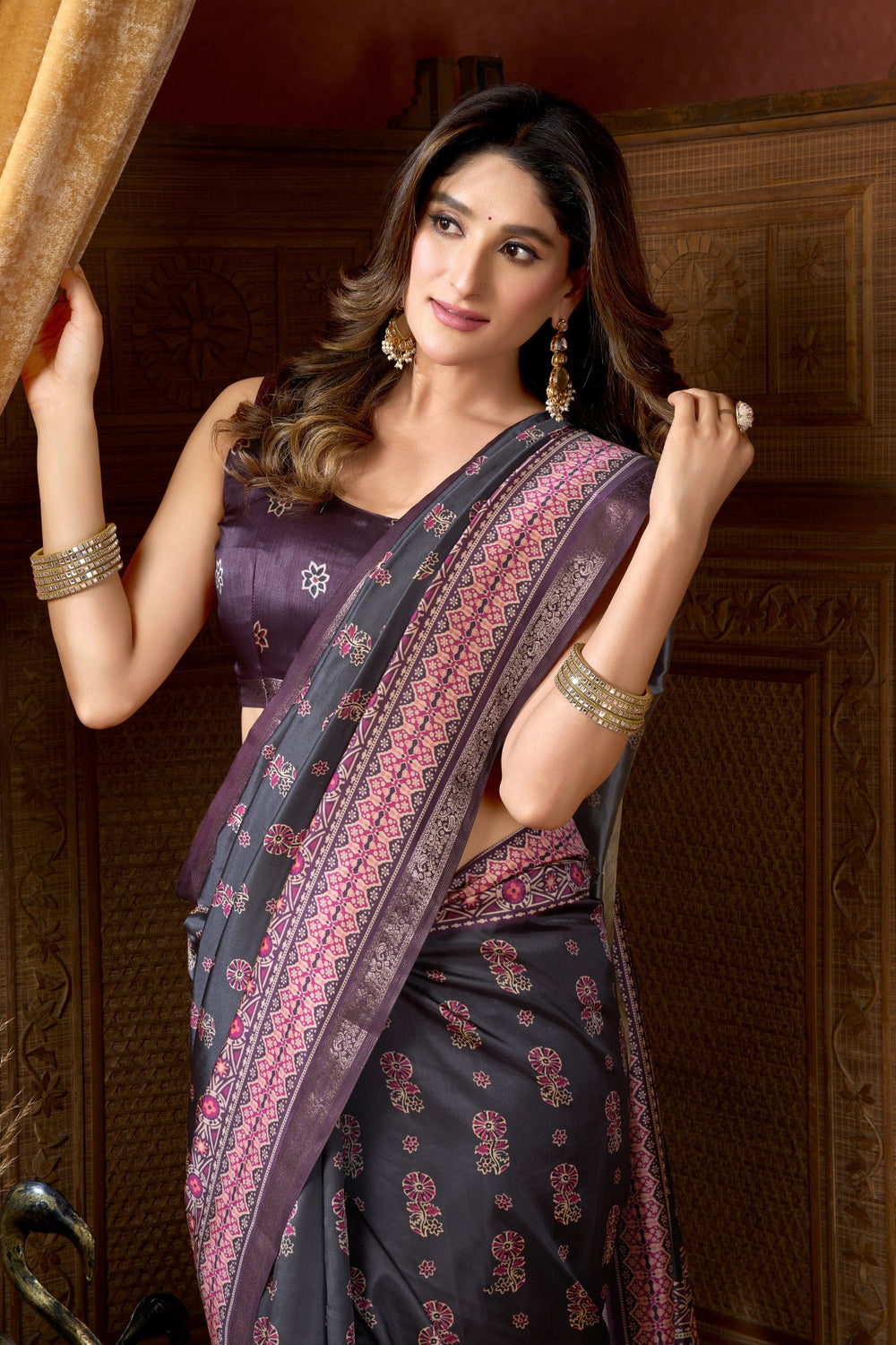 Grey Pure Cluster Silk Ajarkh Digital Printed Saree 