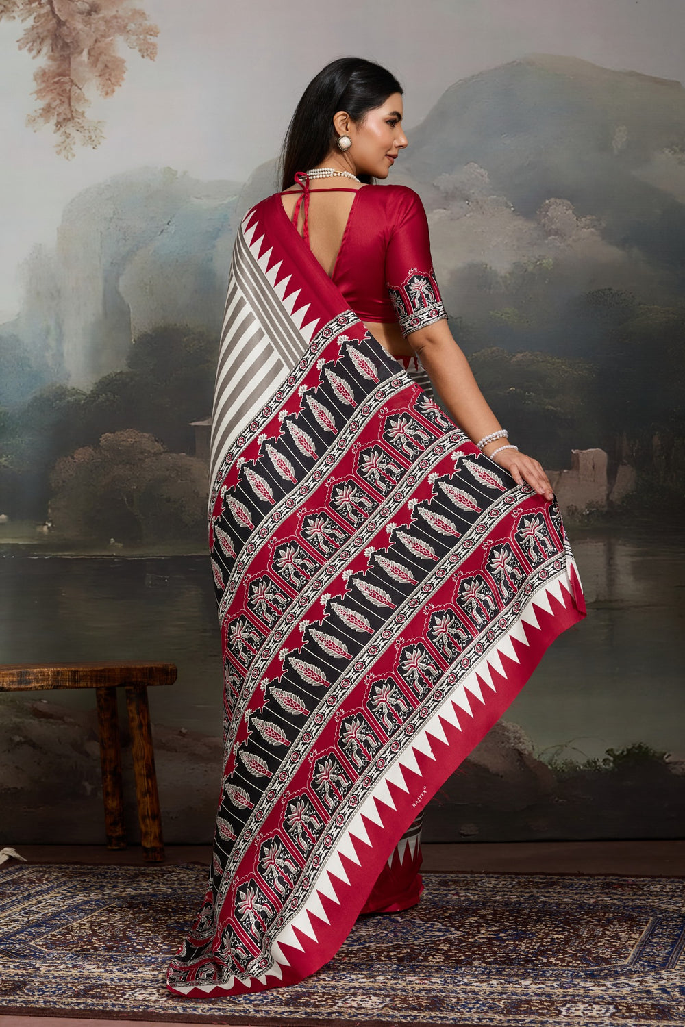 White and Red Pure Ajrakh Printed Satin Crepe Silk Saree 