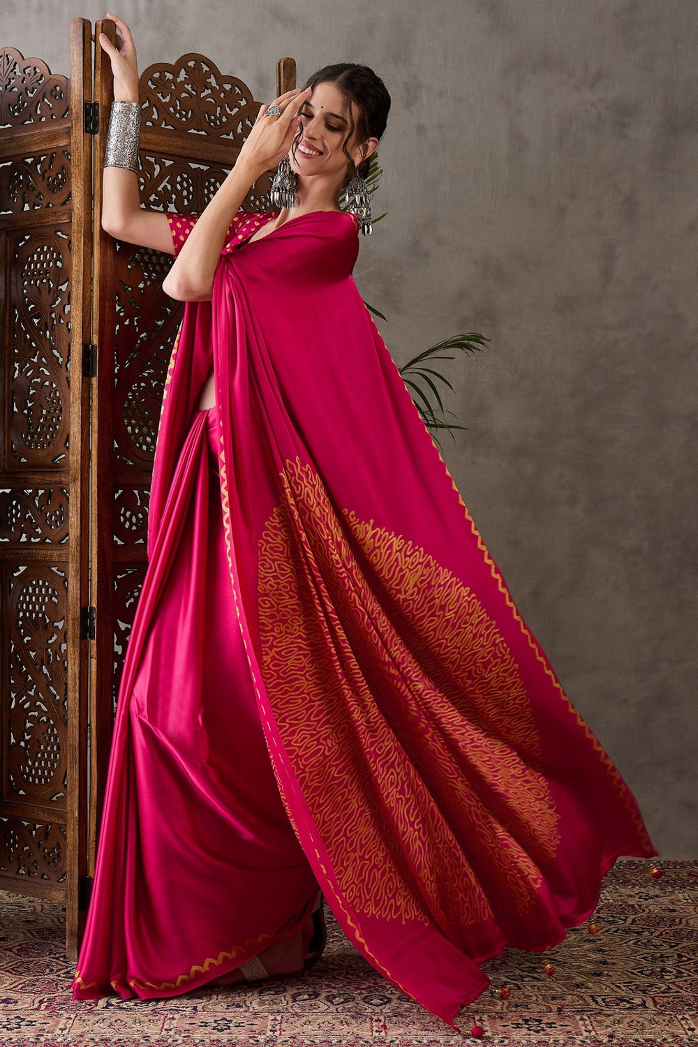 Magenta Pure Gaji Silk Satin Printed Saree ##color## Japan Satin Saree with premium fabric and embroidery