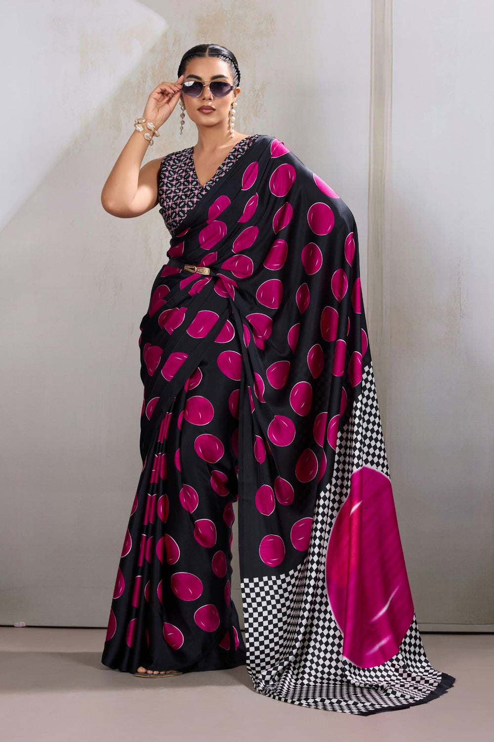 Bubblegum Pink Printed Polka Dots Satin Crepe Saree ##color## Floral Printed Saree with premium fabric and embroidery