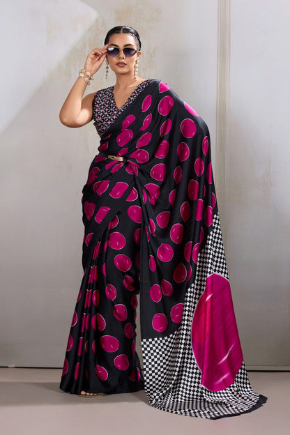 Bubblegum Pink Printed Polka Dots Satin Crepe Saree 