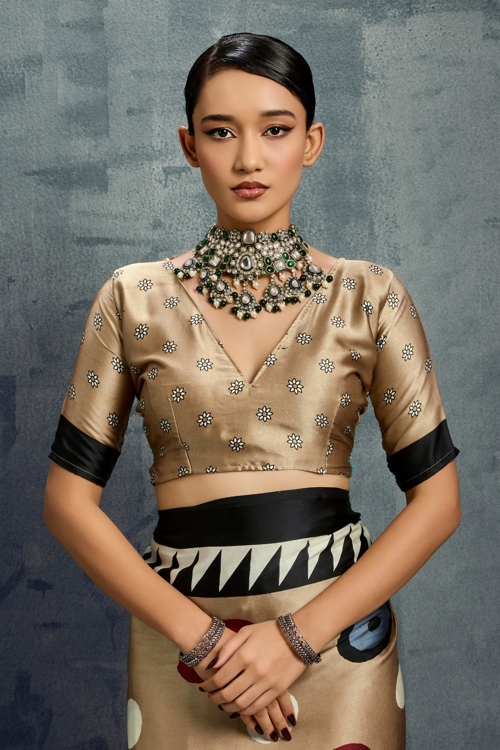 Brown Ajrakh Printed Satin Crepe Silk Saree ##color## Japan Satin Saree with premium fabric and embroidery