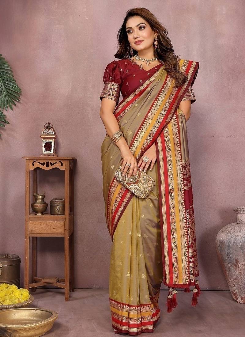 Mustard Pure Handloom Kalamkari Silk Saree