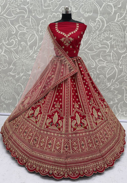 Red Pure Soft Heavy Silk Sequins Embroidery Work Bridal Lehenga 