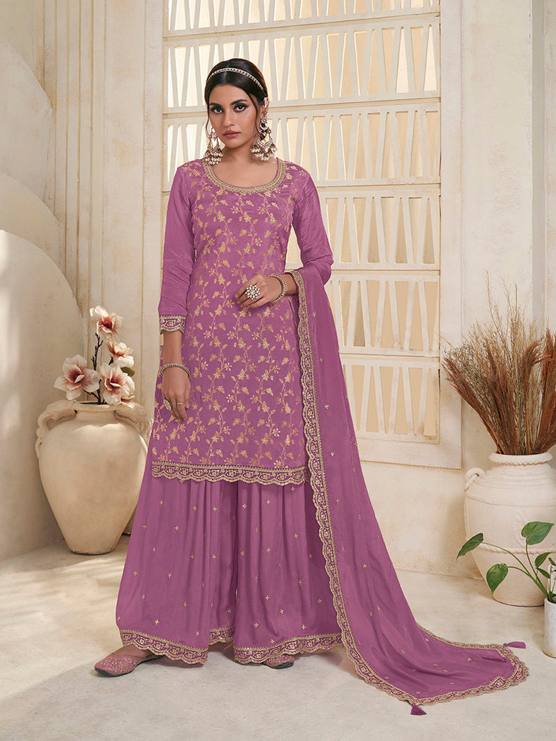 Purple Chinon Sharara Suit with Sequins and Beaded Work