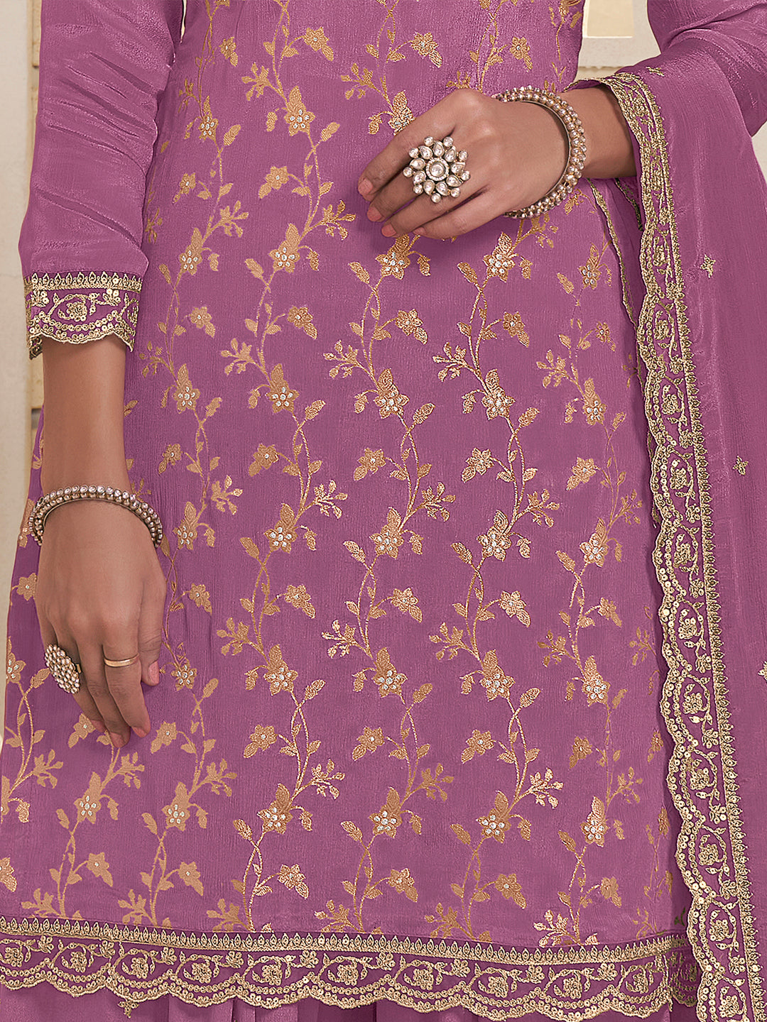Purple Ethnic Suit with Scalloped Dupatta and Butti Work