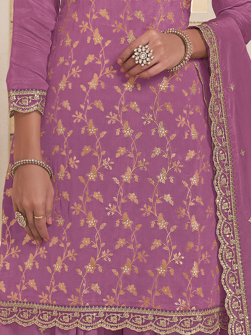 Purple Ethnic Suit with Scalloped Dupatta and Butti Work