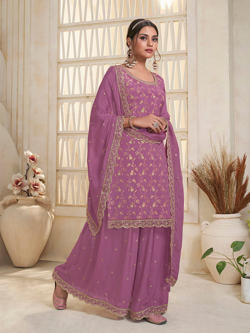 Women's Embroidered Kurta Set in Chinon Fabric – Purple