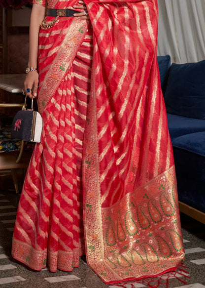Venetian Red Two Tone Meenakari Weaving Organza Silk Saree