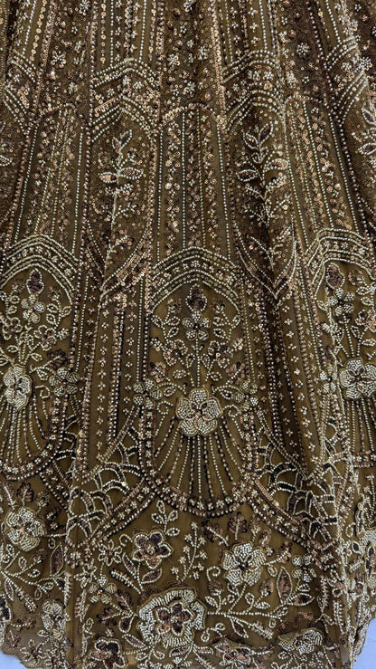 Golden Pure Soft Net Heavy Embroidery Work Bridal Lehenga