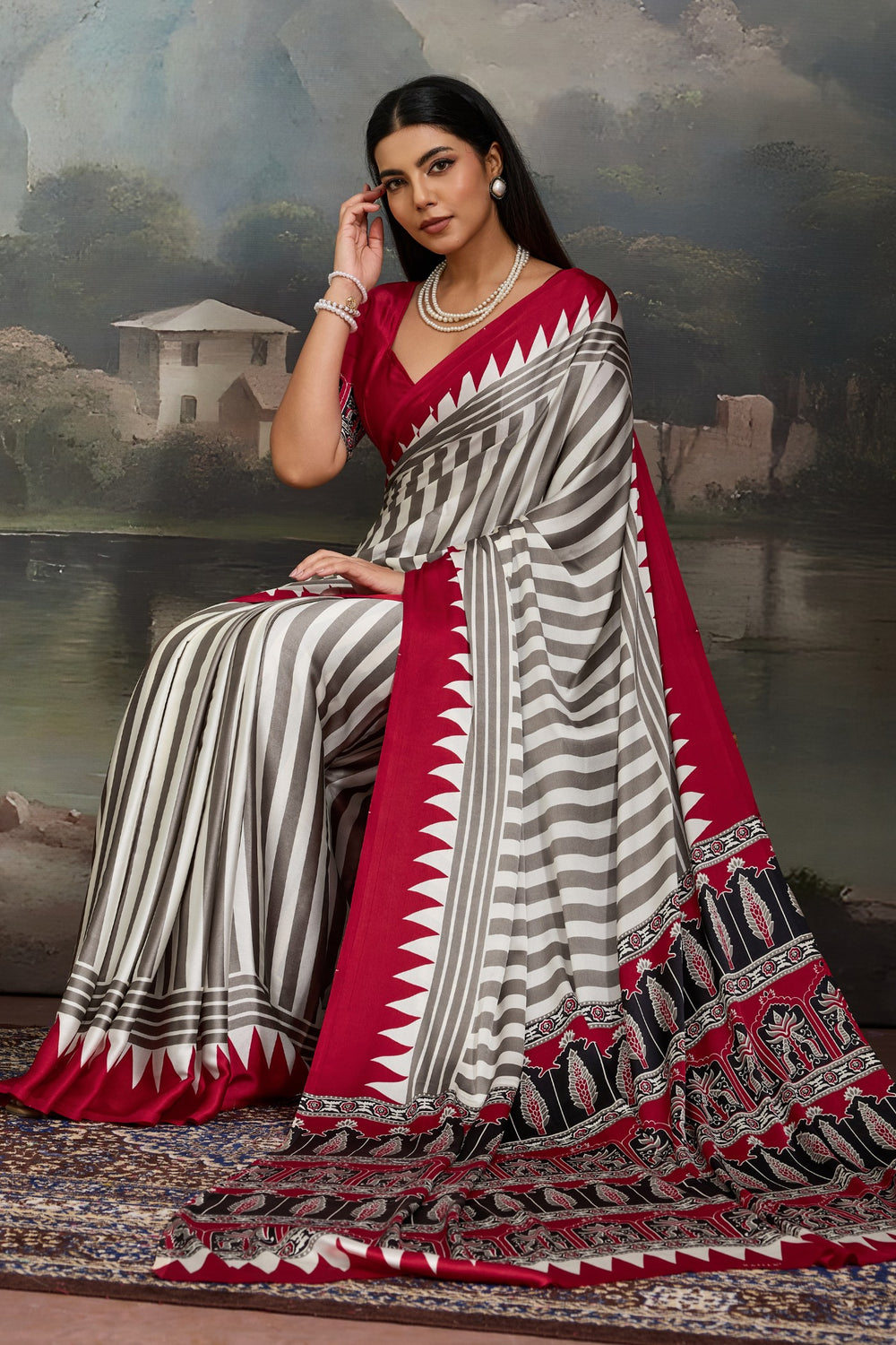 White and Red Pure Ajrakh Printed Satin Crepe Silk Saree 
