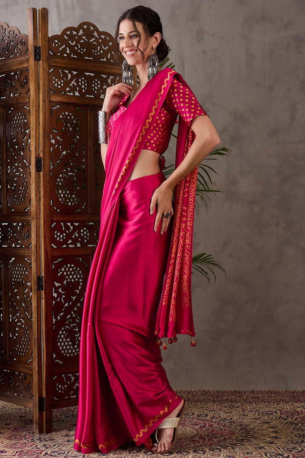 Magenta Pure Gaji Silk Satin Printed Saree ##color## Japan Satin Saree with premium fabric and embroidery