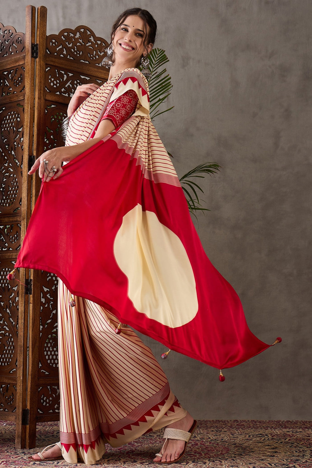 Almond Cream and Red Printed Satin Gaji Silk Saree ##color## Japan Satin Saree with premium fabric and embroidery