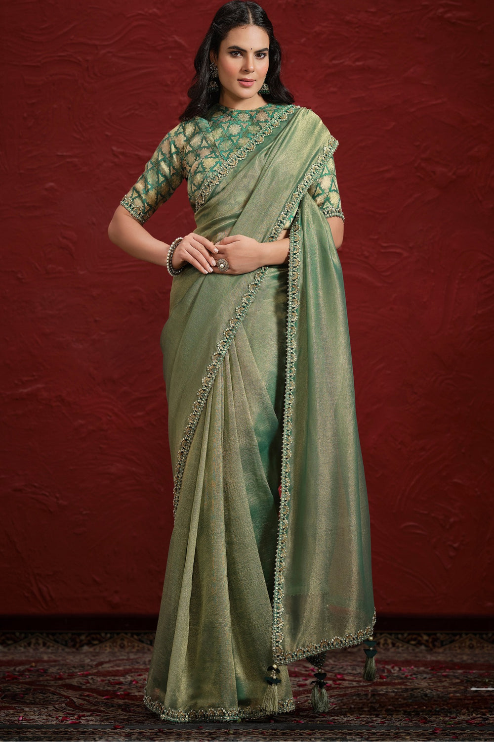 Green Pure Soft Banarasi With Stiched Blouse Saree