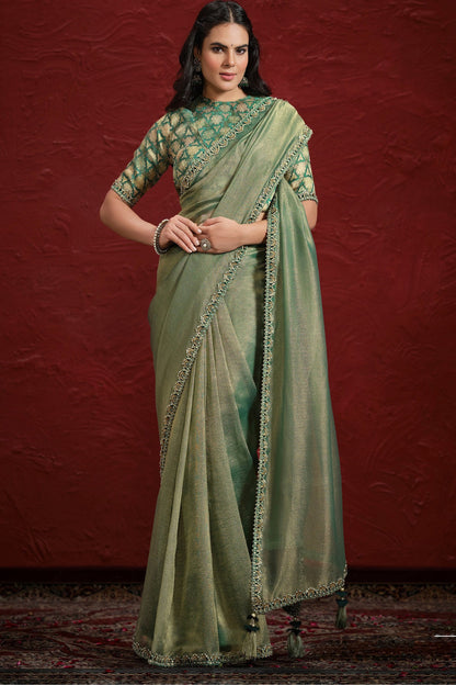 Green Pure Soft Banarasi With Stiched Blouse Saree