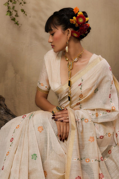 Milklace Cream Pure Soft Handloom Muga Cotton Saree 