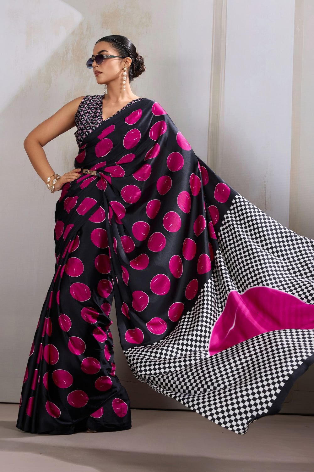 Bubblegum Pink Printed Polka Dots Satin Crepe Saree ##color## Floral Printed Saree with premium fabric and embroidery