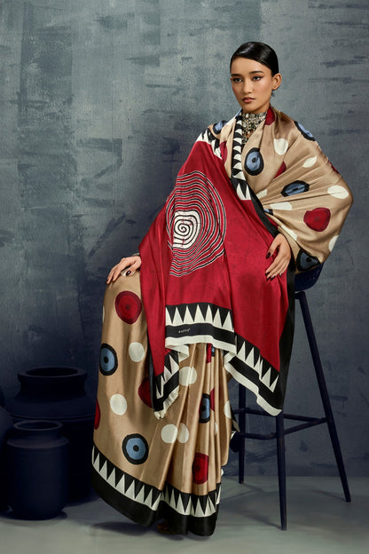 Brown Ajrakh Printed Satin Crepe Silk Saree 