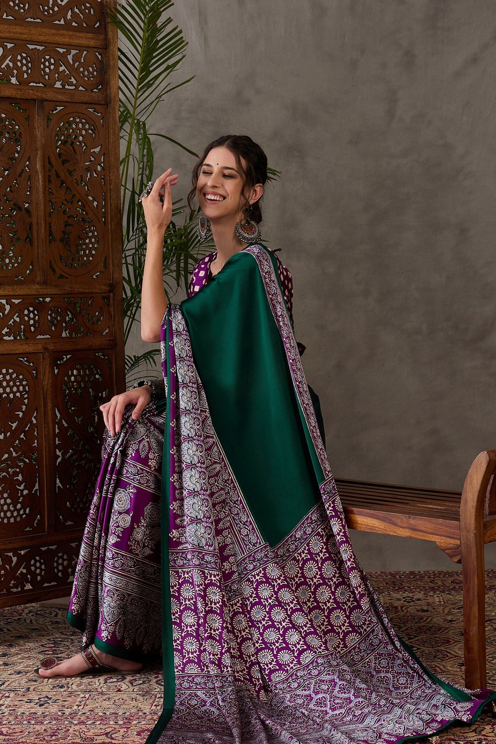 Bottle Green Pure Soft Modal Satin Ajrakh Print Satin Saree Japan Satin Saree Anant Tex Exports Pvt.Ltd..