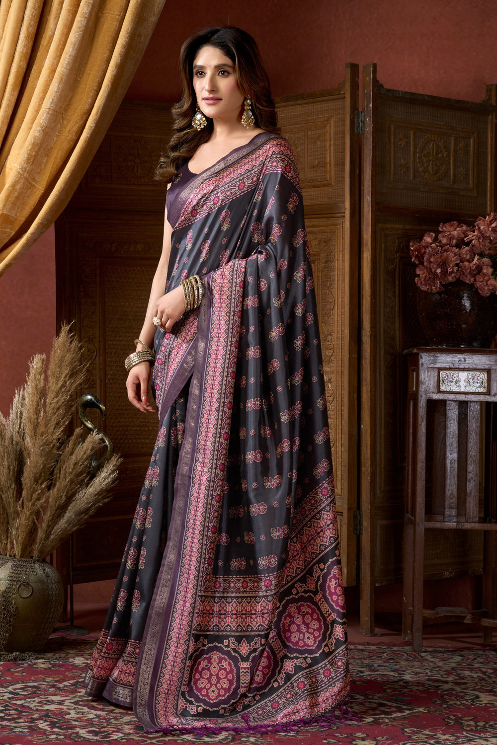 Grey Pure Cluster Silk Ajarkh Digital Printed Saree ##color## Floral Printed Saree with premium fabric and embroidery