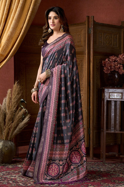 Grey Pure Cluster Silk Ajarkh Digital Printed Saree 