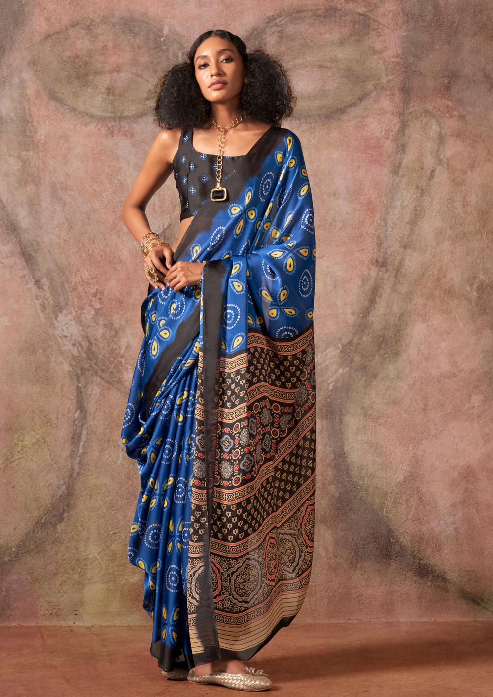 Blue Ajrakh Printed Satin Georgette Silk Saree ##color## Japan Satin Saree with premium fabric and embroidery