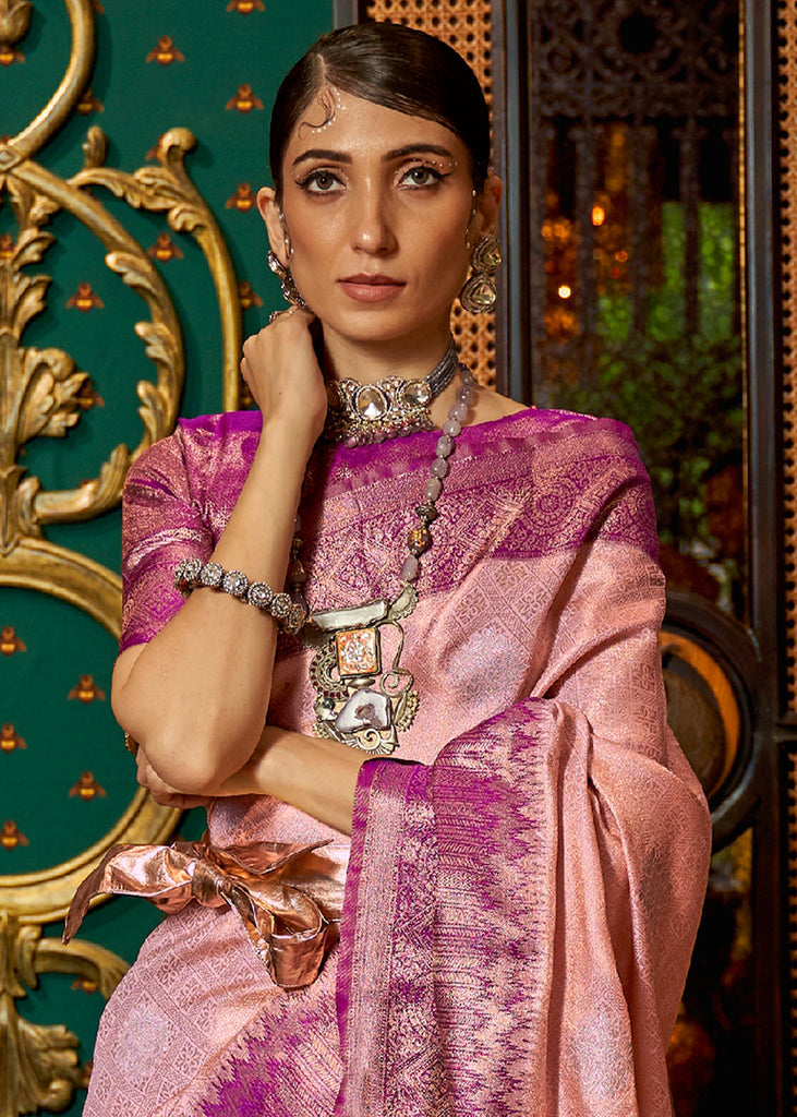 Pink Soft Silk Zari Base Handloom Soft Silk Saree