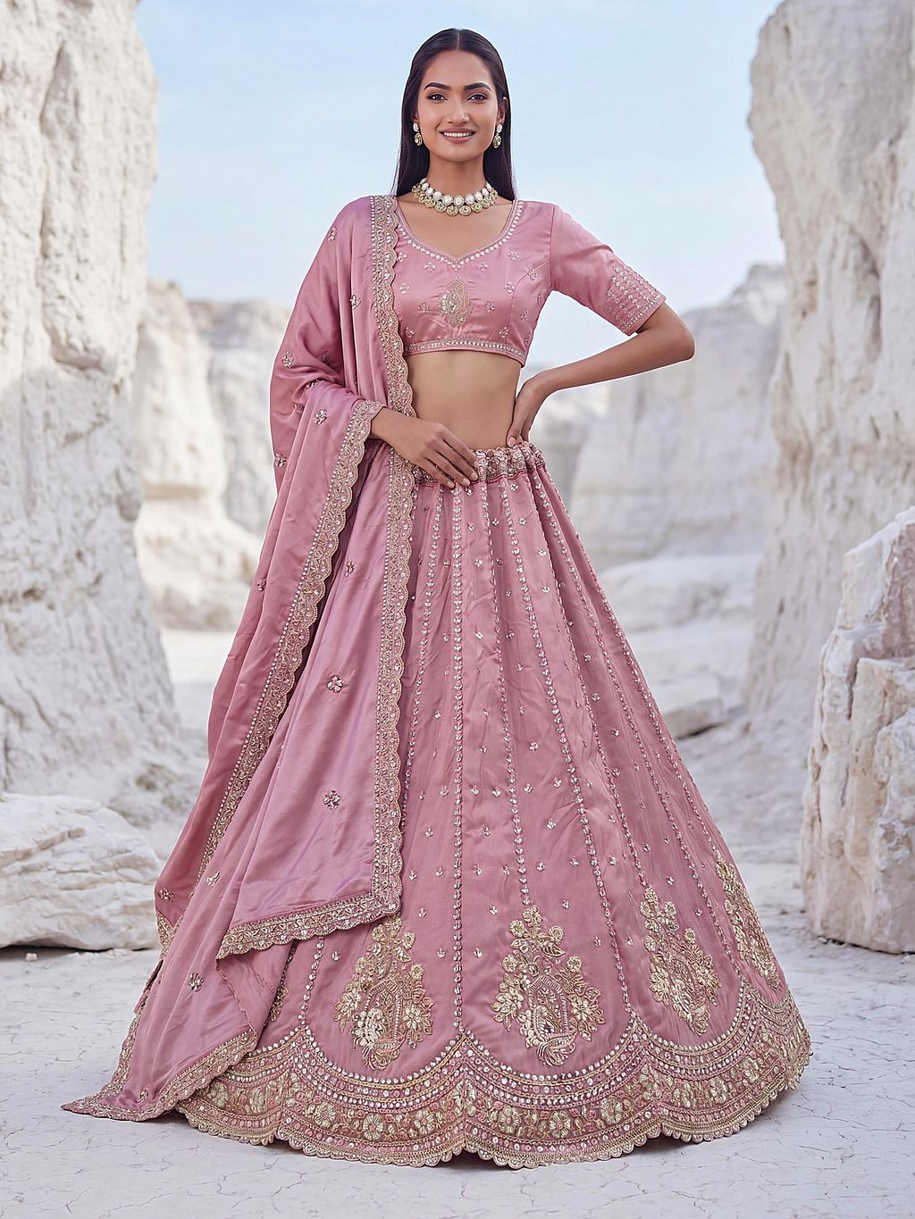 Pink Pure Soft Silk Heavy Sequins Embellishment Work Bridal Lehenga Choli 