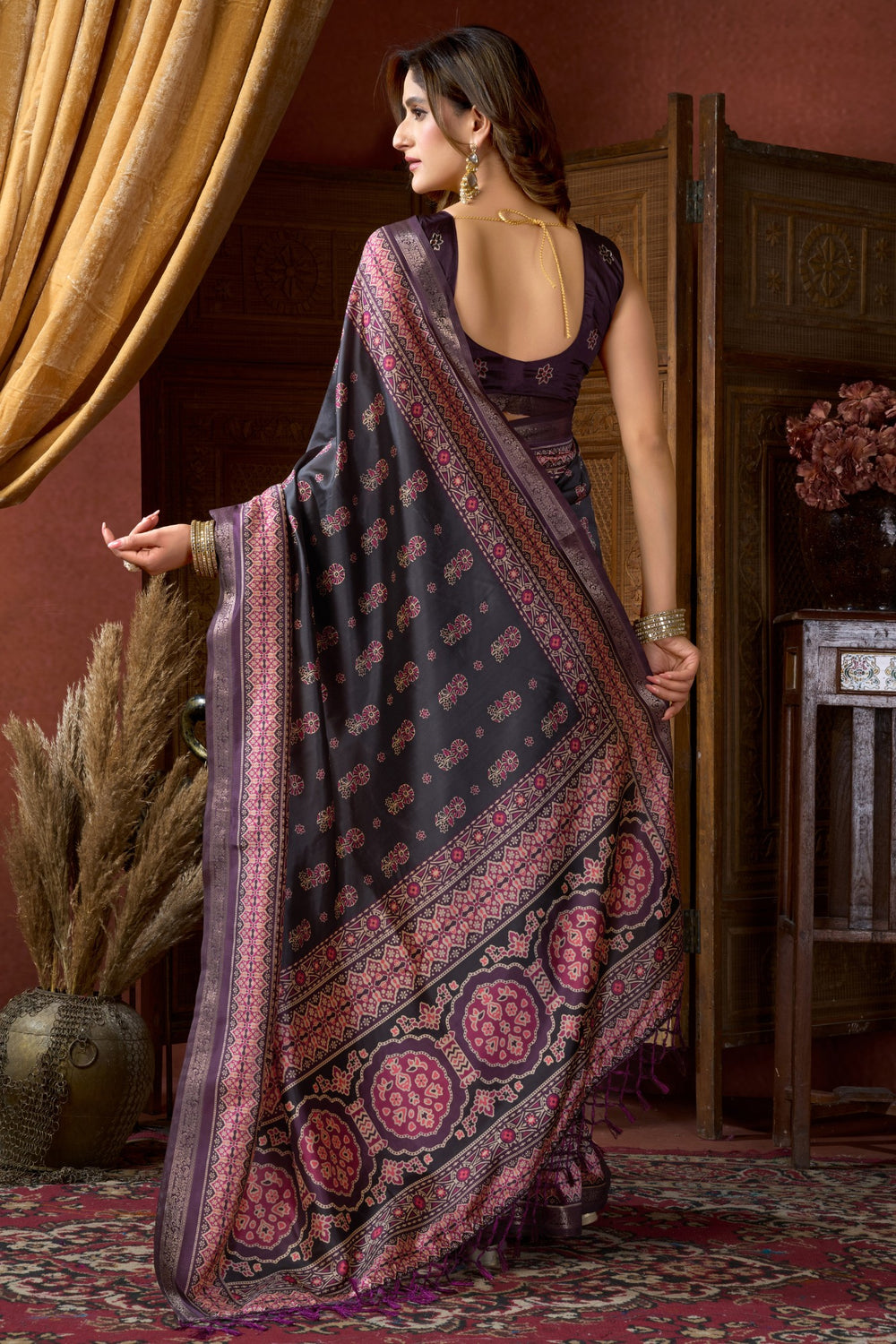 Grey Pure Cluster Silk Ajarkh Digital Printed Saree ##color## Floral Printed Saree with premium fabric and embroidery
