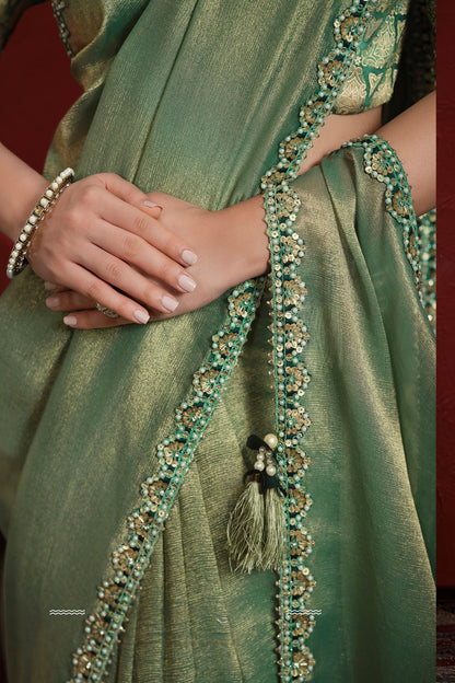 Green Pure Soft Banarasi With Stiched Blouse Saree