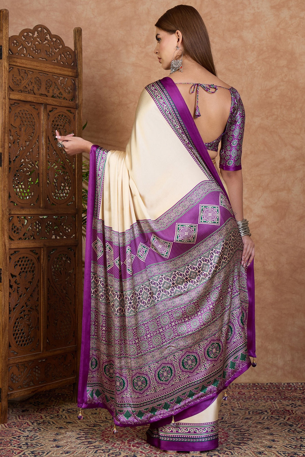 Cream and Purple Pure Soft Modal Satin Ajrakh Print Satin Saree Japan Satin Saree Anant Tex Exports Pvt.Ltd..