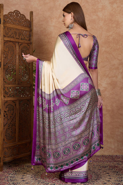 Cream and Purple Pure Soft Modal Satin Ajrakh Print Satin Saree Japan Satin Saree Anant Tex Exports Pvt.Ltd..