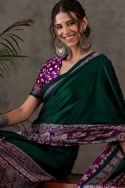 Bottle Green Pure Soft Modal Satin Ajrakh Print Satin Saree Japan Satin Saree Anant Tex Exports Pvt.Ltd..
