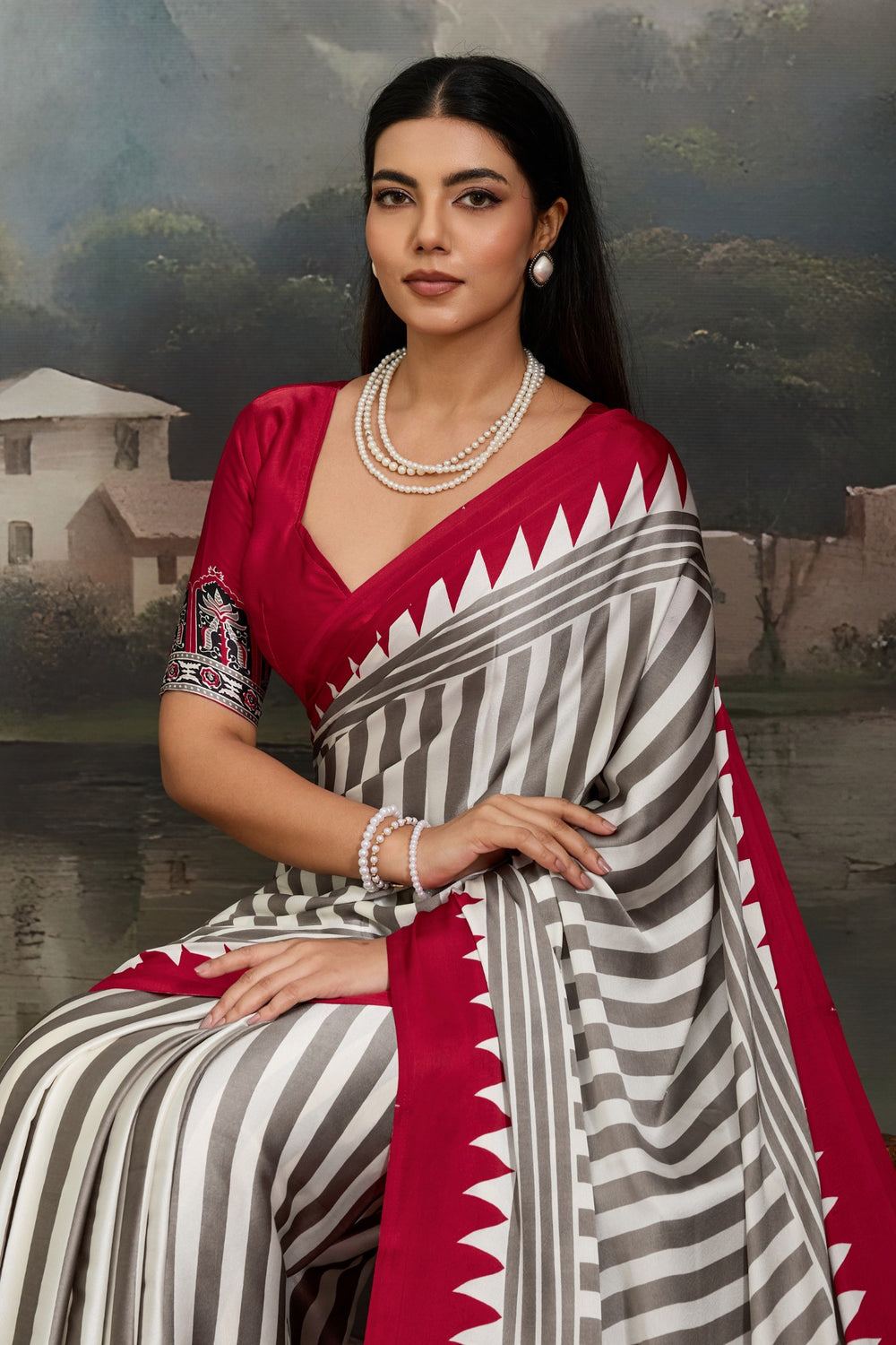 White and Red Pure Ajrakh Printed Satin Crepe Silk Saree ##color## Floral Printed Saree with premium fabric and embroidery