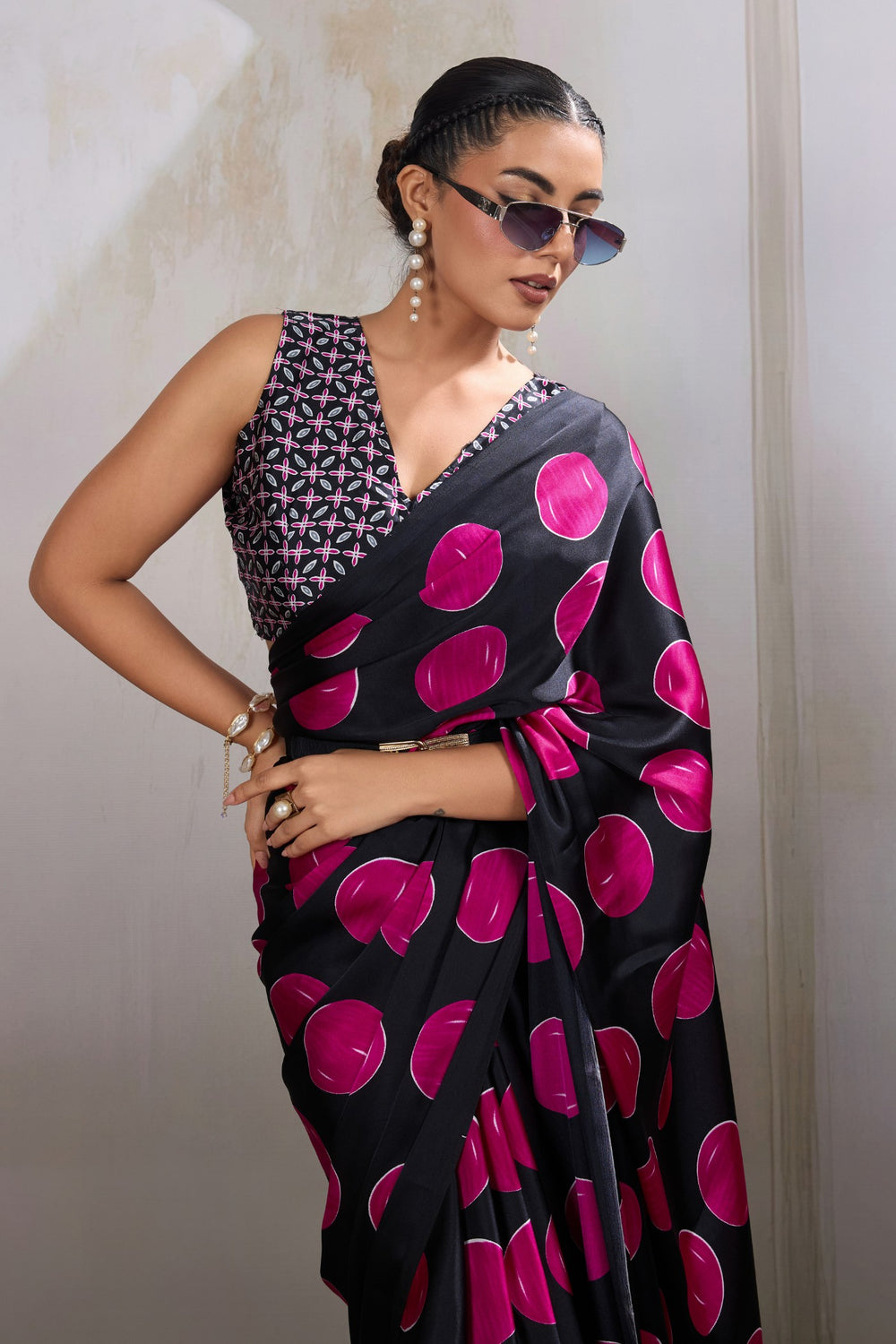 Bubblegum Pink Printed Polka Dots Satin Crepe Saree ##color## Floral Printed Saree with premium fabric and embroidery