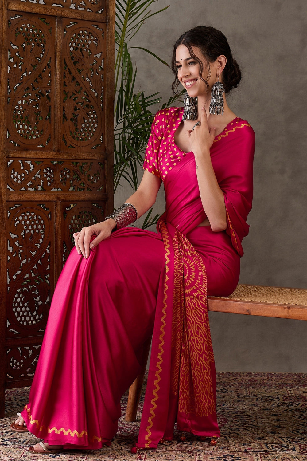 Magenta Pure Gaji Silk Satin Printed Saree 