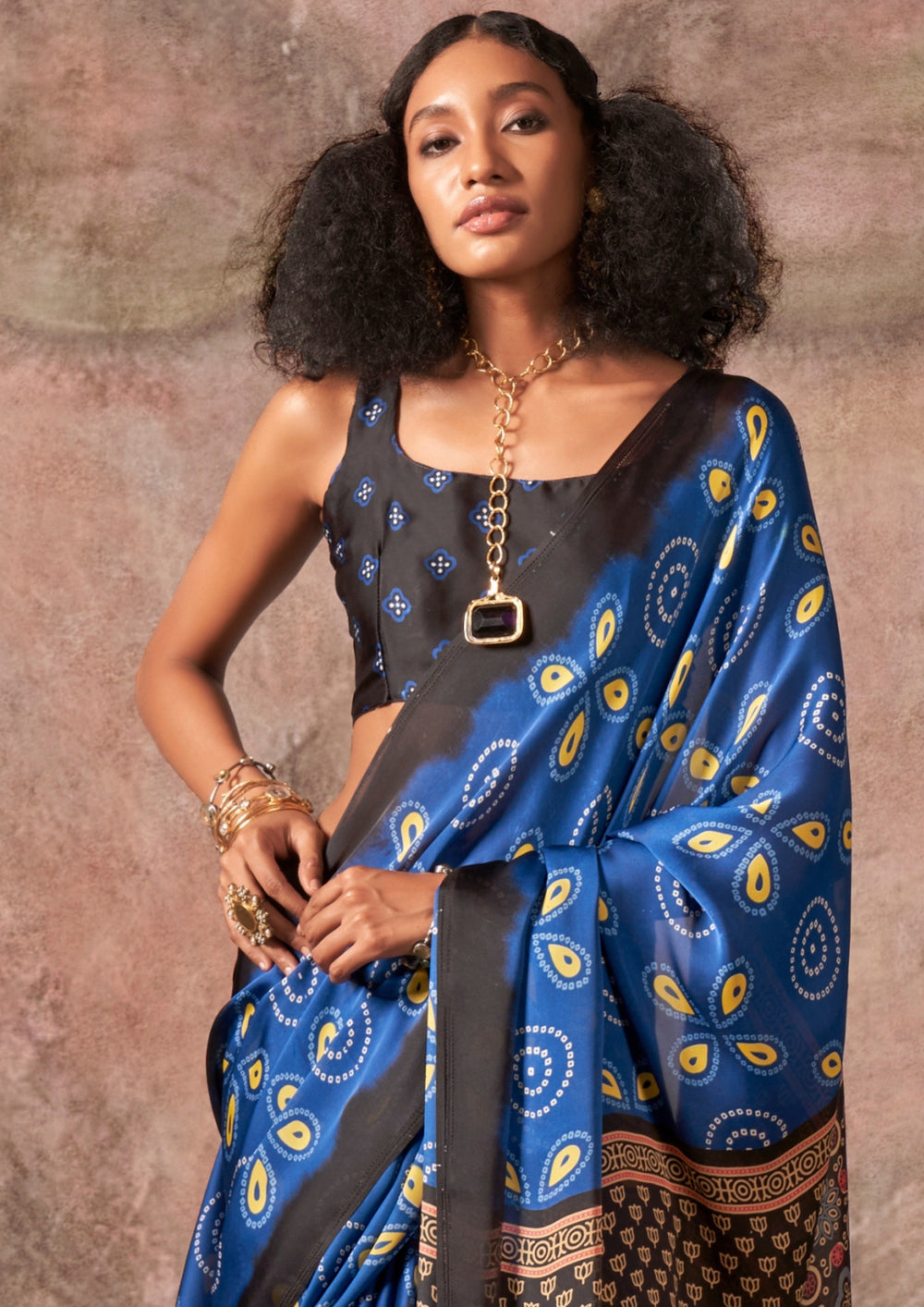 Blue Ajrakh Printed Satin Georgette Silk Saree ##color## Japan Satin Saree with premium fabric and embroidery