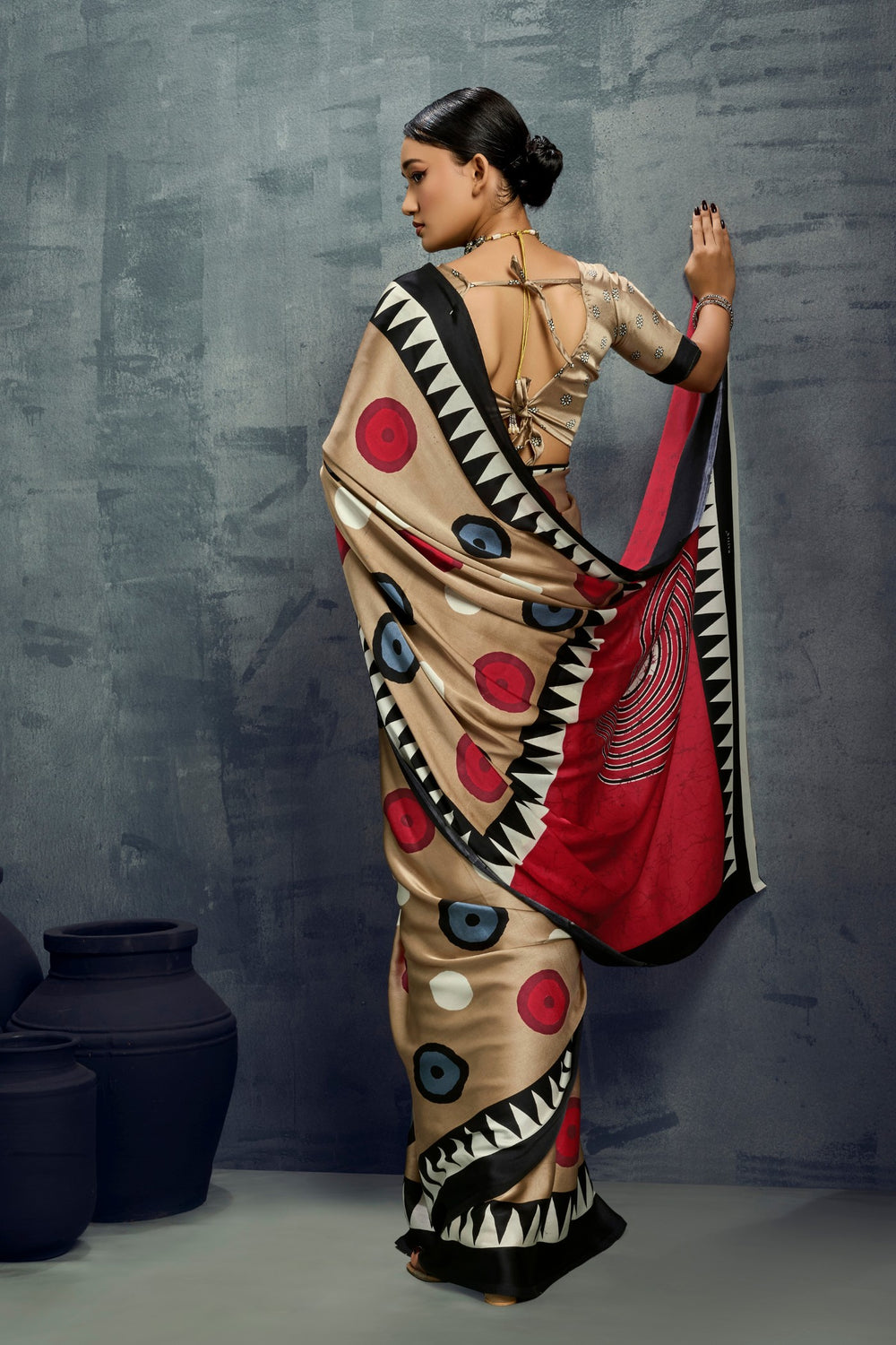 Brown Ajrakh Printed Satin Crepe Silk Saree 