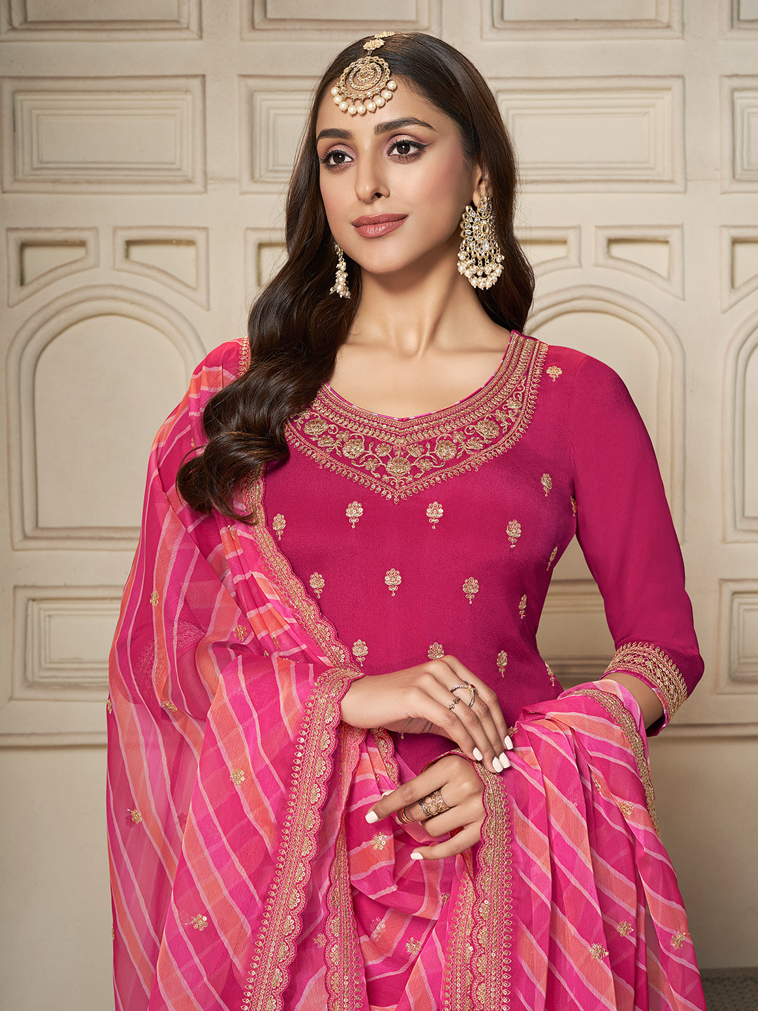 Chinon sharara suit in pink color with sequin handwork