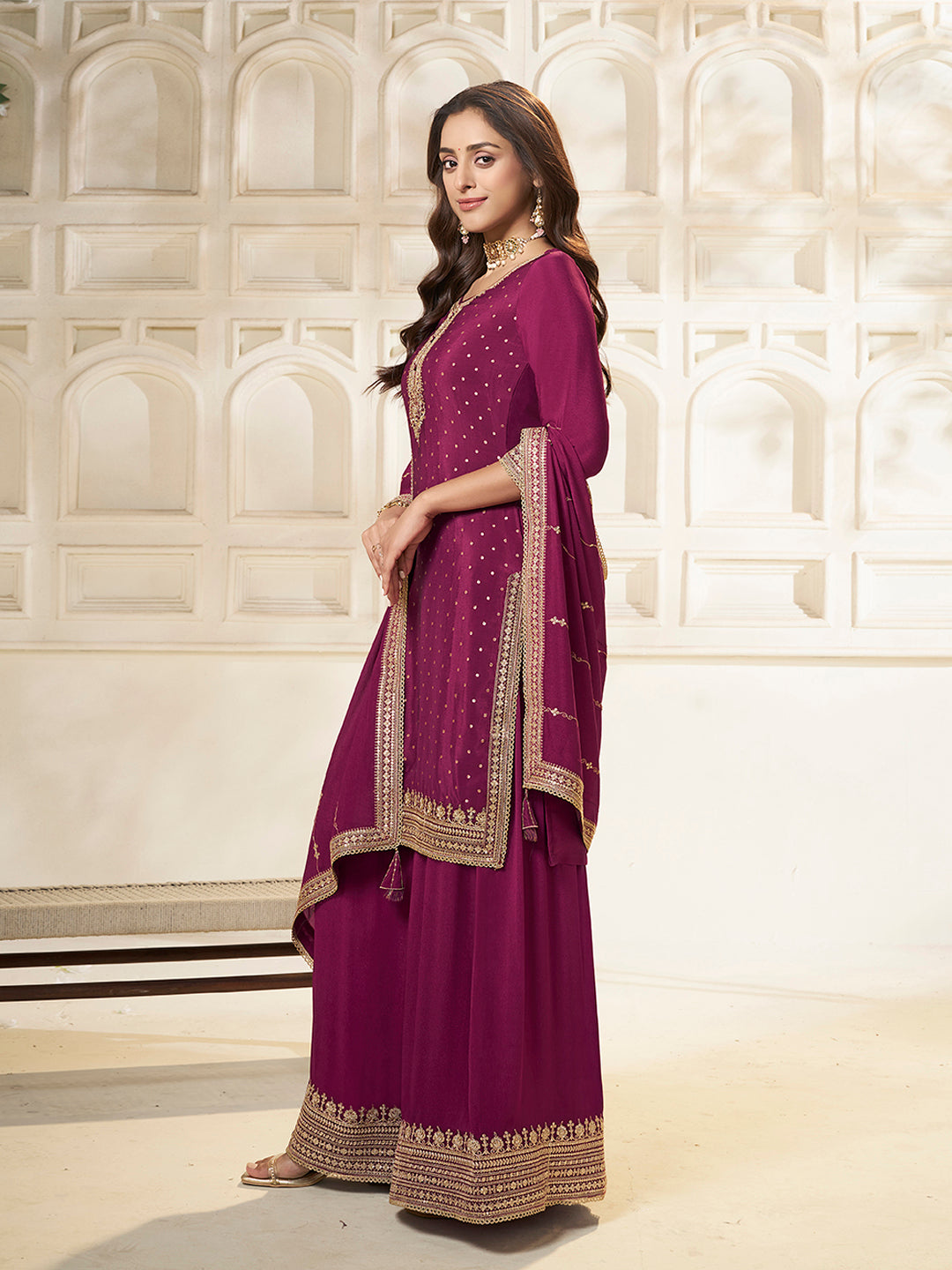 Festive wear unstitched wine sharara suit for women